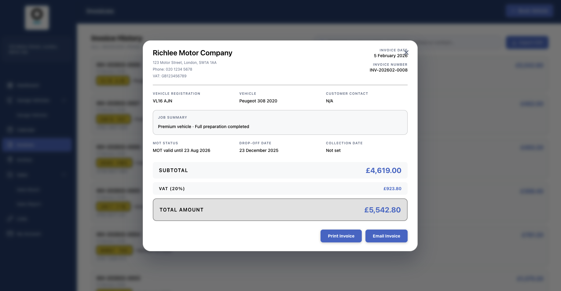 Invoicing screen in Plutoo Dealer