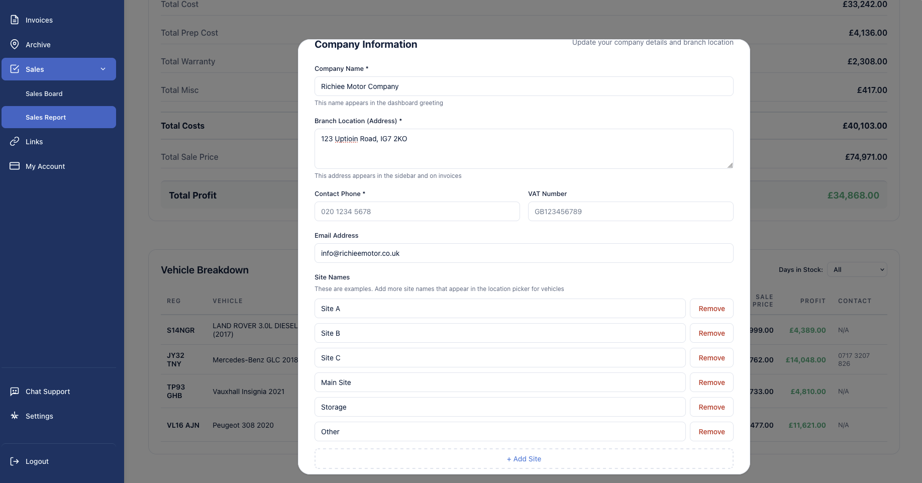 Multi-site view in Plutoo Dealer
