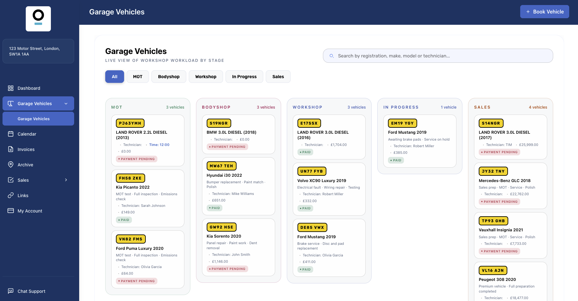 Workshop and job management screen in Plutoo Dealer